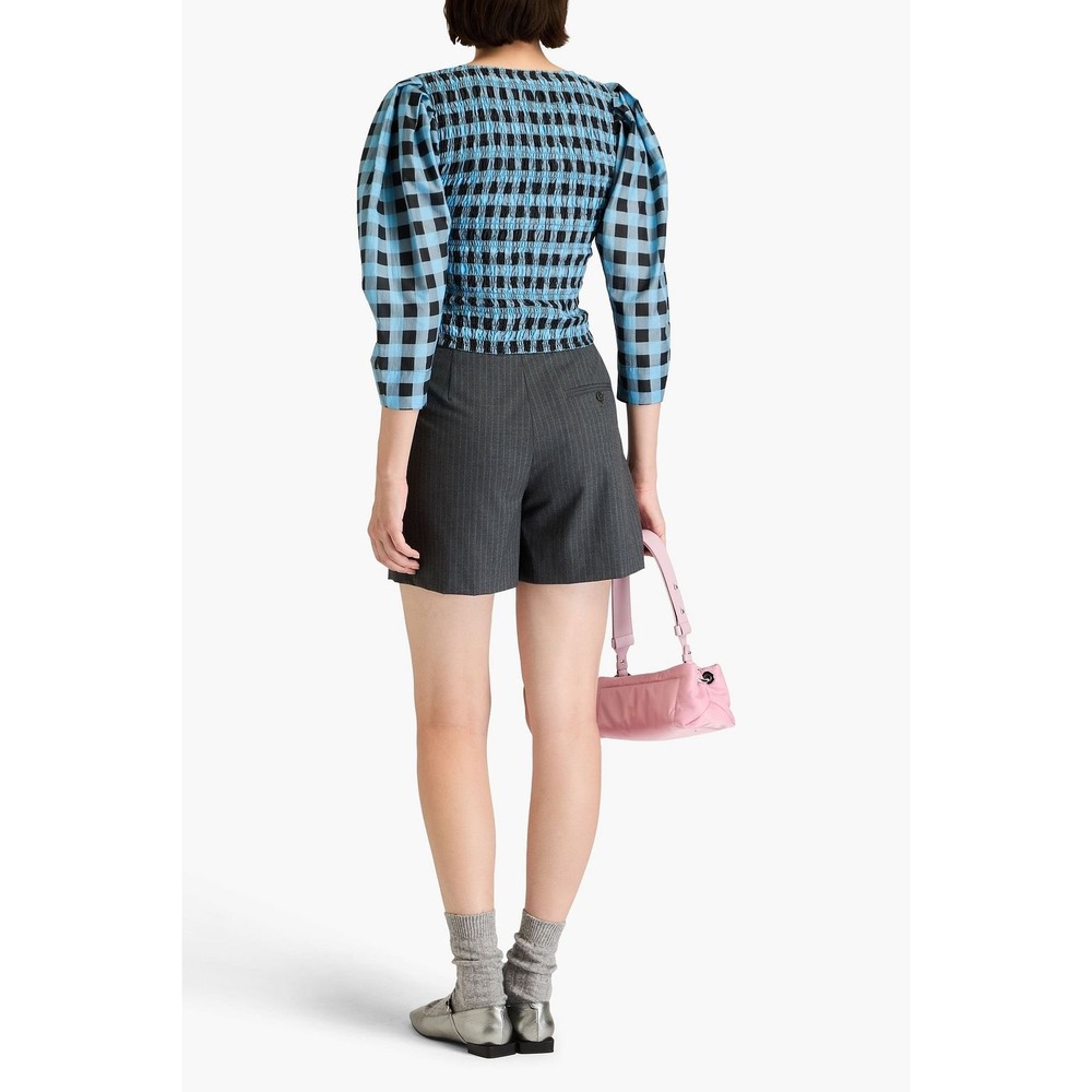 Ganni Smocked Top Puff Sleeve Checkered Blouse Alaskan Blue Button Up‎ Size S - Picture 3 of 6